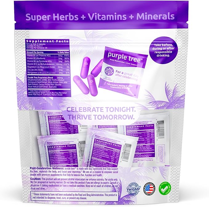 purple tree Post-Celebration Wellness | Liver Support Hydration &amp Replenisher | Dihydromyricetin DHM Milk Thistle Electrolytes Vitamins | Bachelorette &amp Bachelor Party Kits 10 Packs 40 P