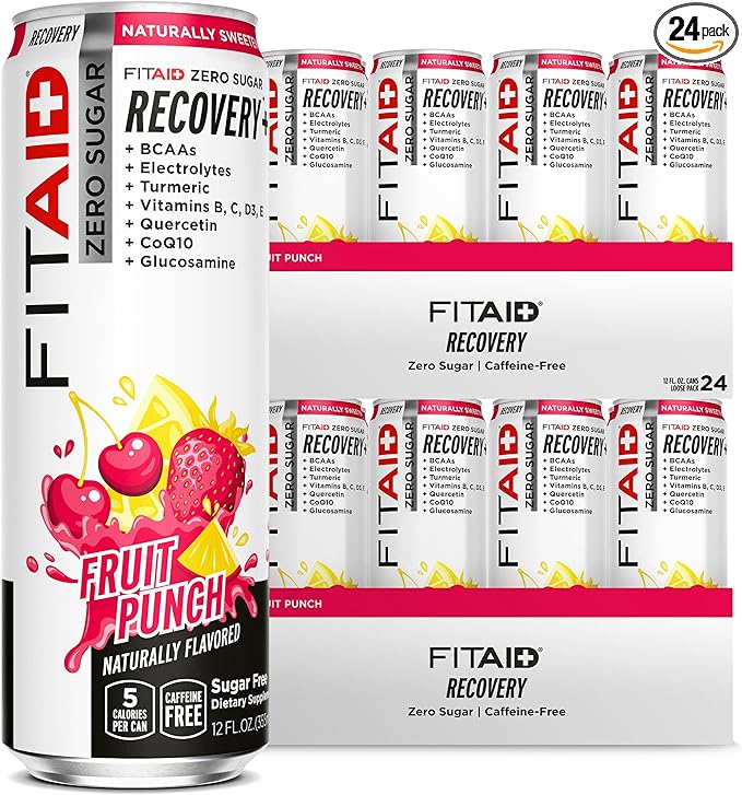 FITAID ZERO Keto-Friendly Number 1 Post-Workout Recovery Drink Contains Zero Sugar BCAAs Glucosamine 5 Calories Fruit Punch 12 Fl Oz (Pack of 24)