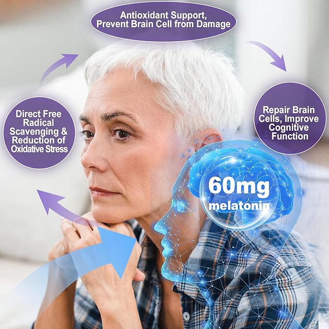 Antioxidant &amp Brain Support Melatonin 60mg 30mg for 50+ Adults | High Dose Melatonin for Anti-Aging &amp Immune | Extra Strength Melatonin Gummies with B6 Ashwagandha Magnesium MSM - 60 Gummie