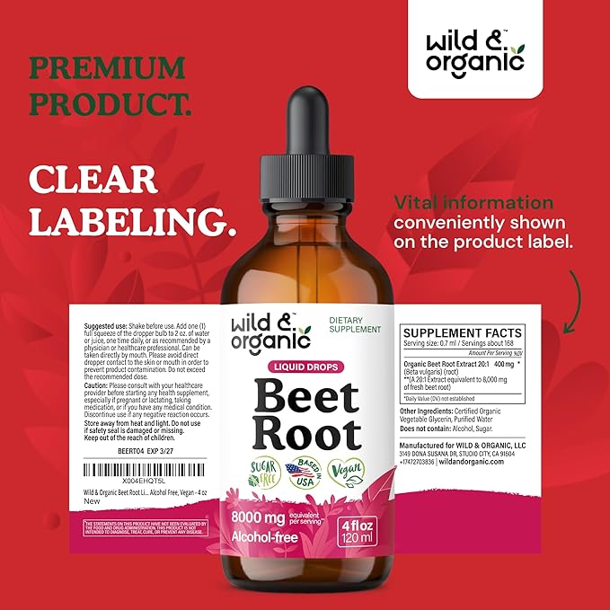 Wild &amp Organic Beet Root Extract Drops - 8000 mg Fresh Beetroot Extract Equivalent - Extract 20:1 - Liquid Red Beets Supplements - 400 mg per Serving - Vegan Alcohol &amp Sugar-Free - 4 fl oz