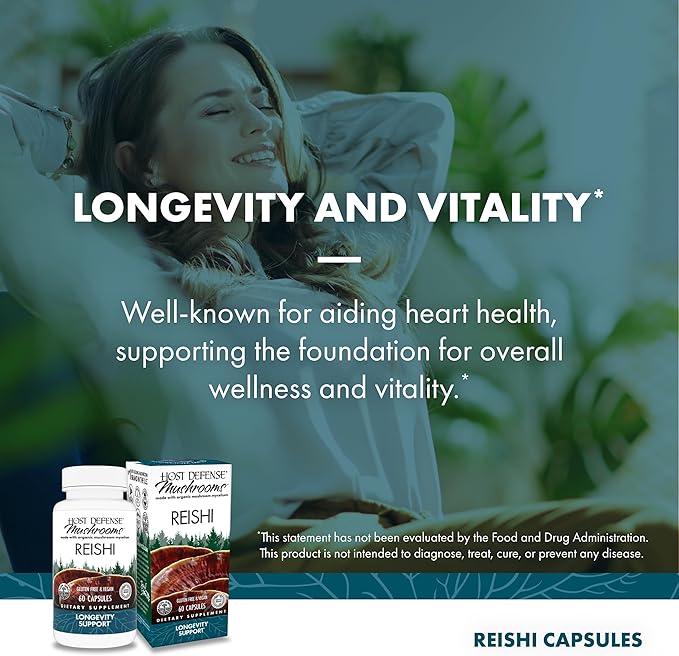 Host Defense Reishi Capsules - Heart &amp Immune Health Support Supplement - Mushroom Supplement to Support Energy &amp Vitality - Reishi Supplement to Aid Overall Well-Being - 60 Capsules (30 Servi