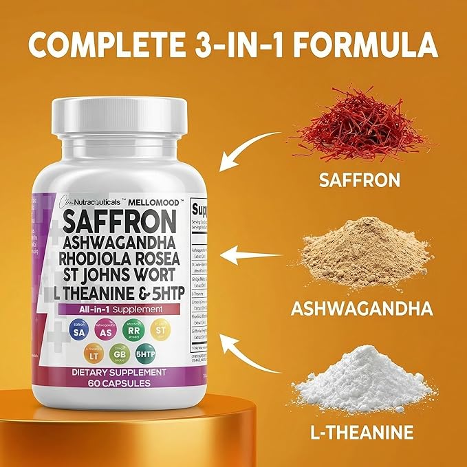 Clean Nutraceuticals Saffron Supplements Extract 100mg + Ashwagandha L-Theanine 200mg - Mood Support Ginkgo Biloba St. John's Wort Rhodiola Rosea &amp 5-HTP Capsules Pills Men Women