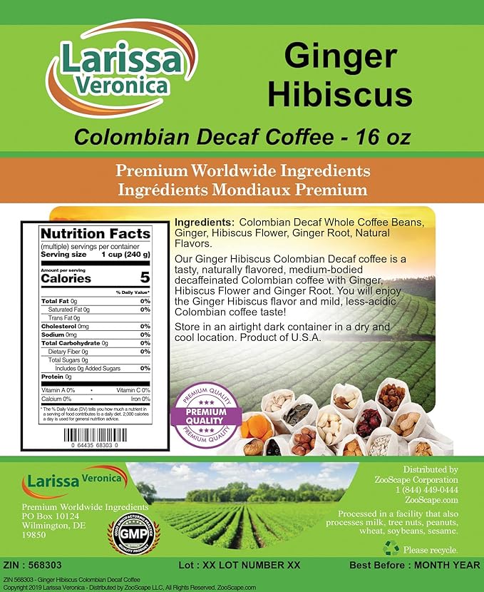 Ginger Hibiscus Colombian Decaf Coffee (Gourmet Naturally Flavored Whole Coffee Beans) (16 oz ZIN: 568303) - 3 Pack