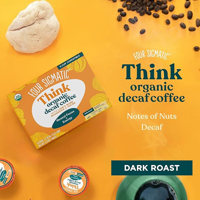 Four Sigmatic Decaf Mushroom Coffee K-Cups | Organic Dark Roast Coffee with Lion’s Mane &amp Yacon | Focus &amp Immune Support | Vegan &amp Keto | Sustainable Pods | 24 Count
