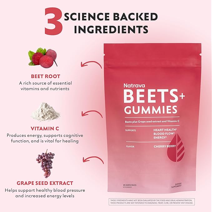 Beets+ Gummies - Premium Beet Root Powder Grape Seed Extract and Vitamin C - Supports Healthy Blood Pressure and Heart Health - Low Sugar Nitric Oxide and Circulation Supplement - 50 Gummies