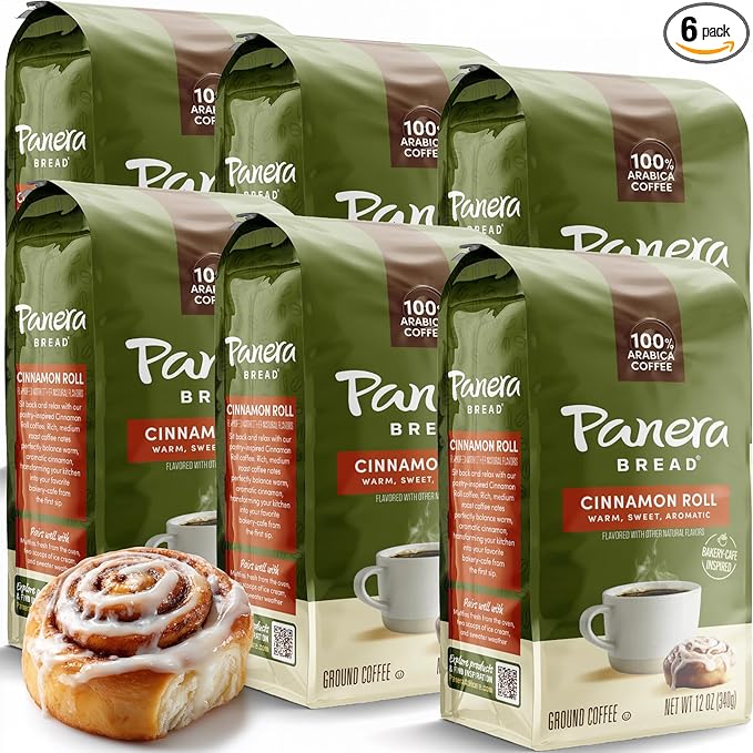 Panera Coffee Cinnamon Roll Ground Coffee 100% Arabica Medium Roast Bakery-Inspired Flavor No Artificial Ingredients 12oz Bag Pack of 6 (72 oz Total) for Home Brewing