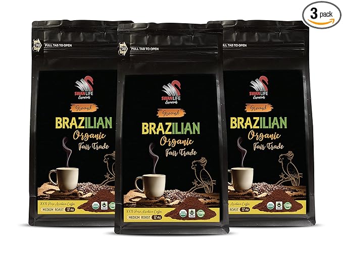 brazilian arabica coffee - BRAZILIAN GROUND COFFEE ORGANIC 100% Arabica Medium Roast low acidity Fair Trade non gmo - ground coffee breakfast blend 3 Bags (36 Oz)