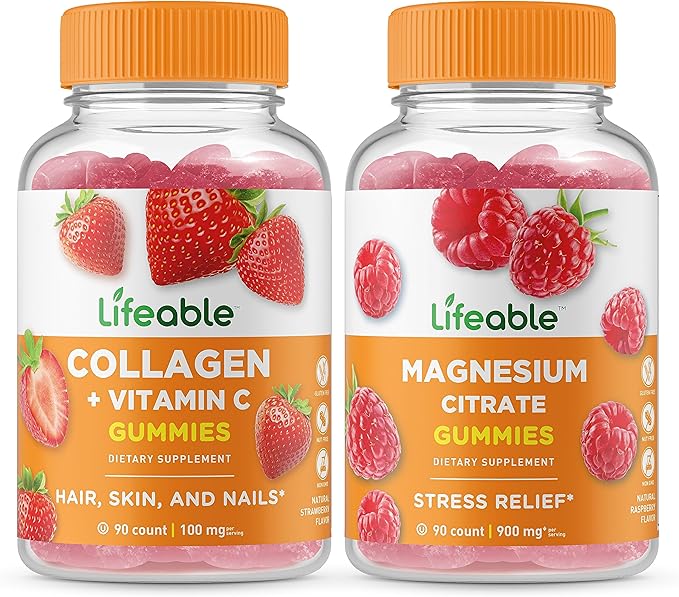 Lifeable Collagen &amp Vitamin C + Magnesium Gummies Bundle - Great Tasting Vitamin Supplement Gluten Free GMO Free Chewable Gummy