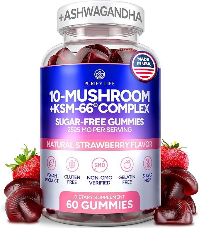 Sugar-Free Mushroom Gummies with KSM 66 Ashwagandha - Potent 10x Mushroom Supplement with Lions Mane Chaga Reishi Mushroom Complex Natural Stress Support Calm Gummies Nootropic Supplement