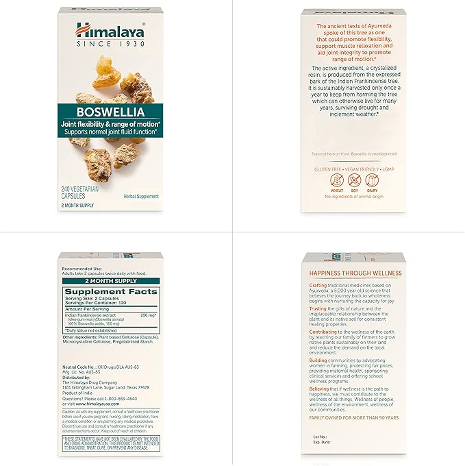Himalaya Boswellia Joint Support for Mobility and Flexibility Promotes Tissue Preservation 250 mg 240 Capsules