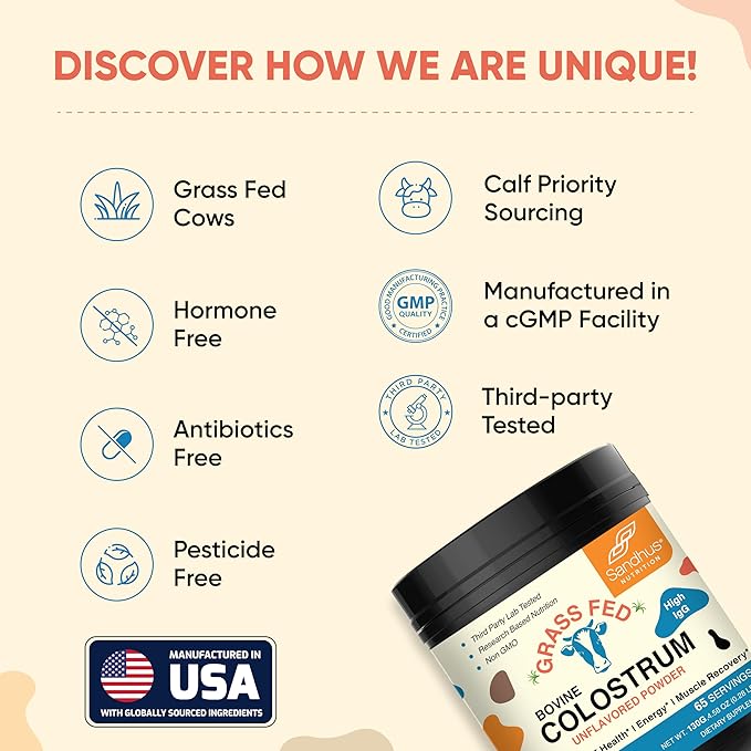 Sandhu's Grass Fed Bovine Colostrum Powder for Humans Adults | 65 Servings (Pack of 2) Cows Supplement | High IgG for Gut Health | Immunity &amp Muscle Recovery Support | Unflavored | for Men &amp