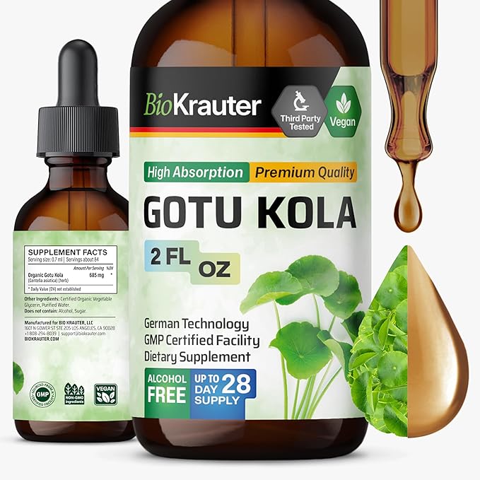 BIO KRAUTER® Centella Asiatica (Gotu Kola)- Liquid Drops Gotu Kola Extract 685 mg/Serving 2 Fl.Oz 28-Day Supply - Pure Vegan Brain Supplement Supports Calm Focus &amp Memory - Alcohol &amp Sugar F