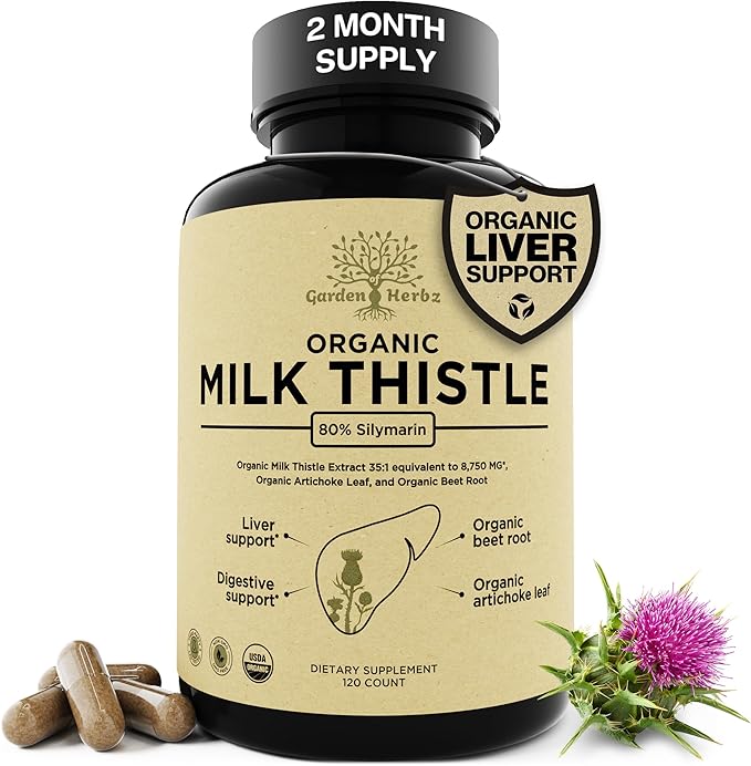 USDA Organic Milk Thistle Supplement 80% Silymarin – 250 mg with Beet Root &amp Artichoke Leaf Extract – Herbal Formula for Liver and Digestive Support 120 Capsules