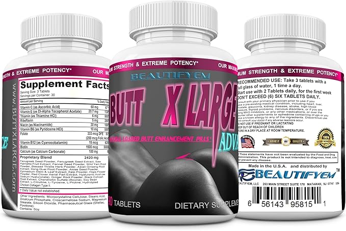 Butt X-Large Advance Butt Enlargement Booty Enhancement. Butt Enhancer Pills. Fast Curved Bigger Glutes. 90 Tablets (Not a Butt Cream)