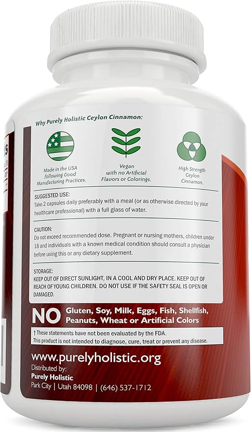 Purely Holistic Ceylon Cinnamon Capsules 1500mg 225 Vegan Cinnamon Capsules 75 Day Supply (25% More Servings) True Sri Lankan Ceylon Cinnamon Supplement