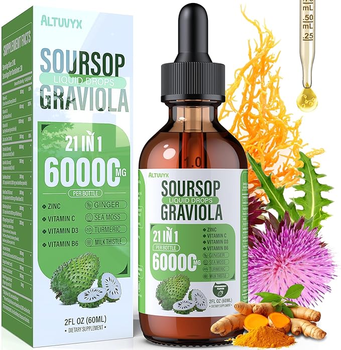 21-in-1 Soursop Graviola Liquid Drop Soursop Bitters Liquid 2000mg Organic Soursop Leaves &amp Fruit with 300mg Sea Moss Zinc Vitamins for Cellular Immune Skin Digestive Strawberry Flavor 60M