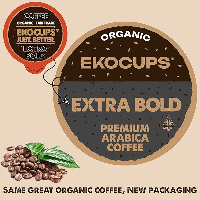 EKOCUPS Organic Extra Bold Roast Coffee Pods Extra 30% More Coffee Per Cup Artisan Fair Trade Dark Roast Extra Bold for Keurig K Cup Machines Recyclable Pods 40 Count