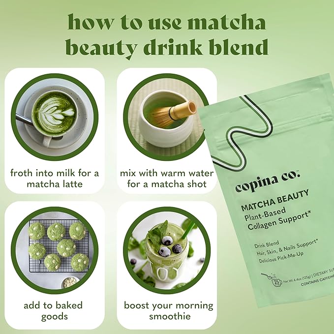 Copina Co. Matcha Beauty Vegan Collagen Booster Drink Blend: Plant Based Collagen Support Smoothie Drink Vegan Creamy Blend | Matcha Flavor | 1 Bag - 25 Servings per Bag