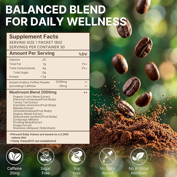 Mushroom Coffee Adaptogenic Mushrooms with Lion's Mane Reishi Cordyceps Turkey Tail Maitake Chaga Instant Coffee with MCT Oil for Energy Focus Digestive &amp Immune 30 Sachets