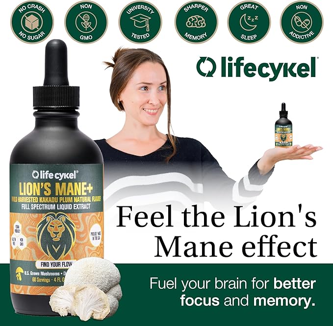 Lifecykel Lion's Mane Mushroom Extract w/Kakadu Plum- Memory Focus Clarity REM Sleep-100% Organic Mushrooms Brain Booster Nootropic Brain Supplement Focus Supplement Made in US 2 Fl oz (30 Servings)