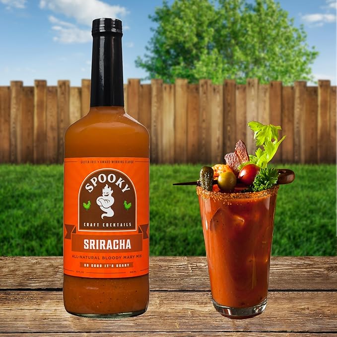 SPOOKY - Sriracha Bloody Mary Mix - Made With All Premium Natural Ingredients - No Artificial Color or Flavor - No Preservative No MSG Low Carb Low Calorie &amp Gluten Free - 32 Oz (Pack of 2)