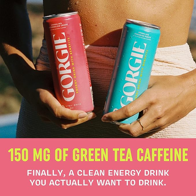 GORGIE Watermelon - Paradise Punch Bundle Sugar-Free Natural Energy Drink Sparkling Healthy Energy Drinks - Green Tea Biotin B Vitamins Vegan &amp Low Calorie (2 Packs of 12)