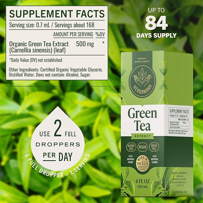 HERBAMAMA Green Tea Drops - Vegan Antioxidant &amp Overall Support with Green Tea Extract Liquid Tincture - Non-GMO Alcohol &amp Sugar-Free Camellia Sinensis Supplement 84-Day Supply