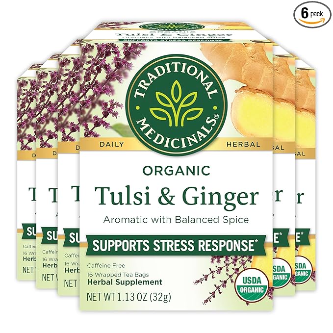 Traditional Medicinals Tea Organic Tulsi &amp Ginger Relieves Stress Tension &amp Irritability 96 Tea Bags (6 Pack)