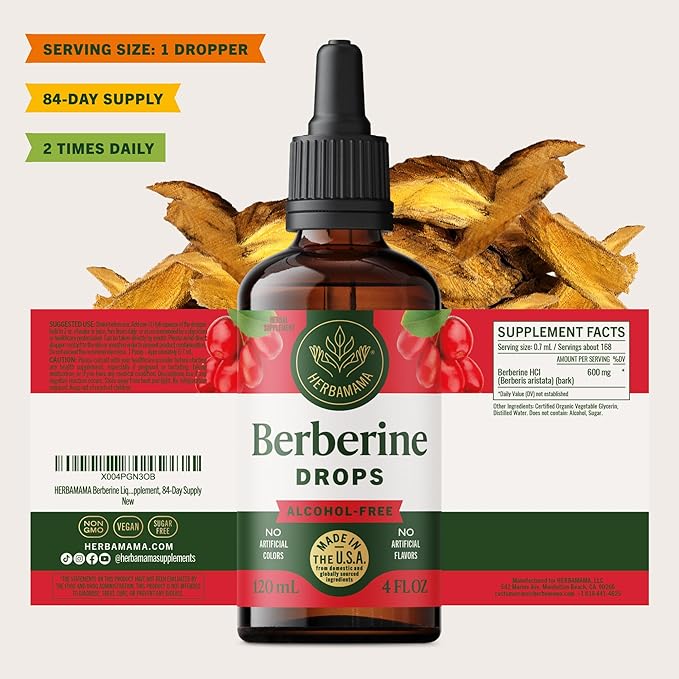 HERBAMAMA Berberine Liquid Drops - Vegan Antioxidant &amp Overall Support with Berberine HCL 500mg Extract Tincture - Non-GMO Alcohol &amp Sugar-Free Supplement 84-Day Supply