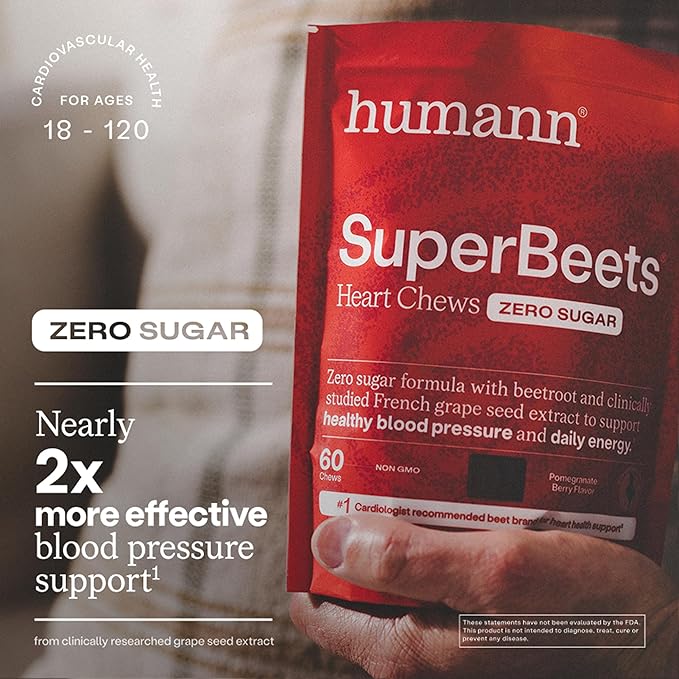 Humann SuperBeets Heart Chews Zero Sugar Nitric Oxide and Blood Pressure Support Grape Seed Extract &amp Non-GMO Beet Root Powder Energy Supplement Pomegranate Berry Flavor 60 Count