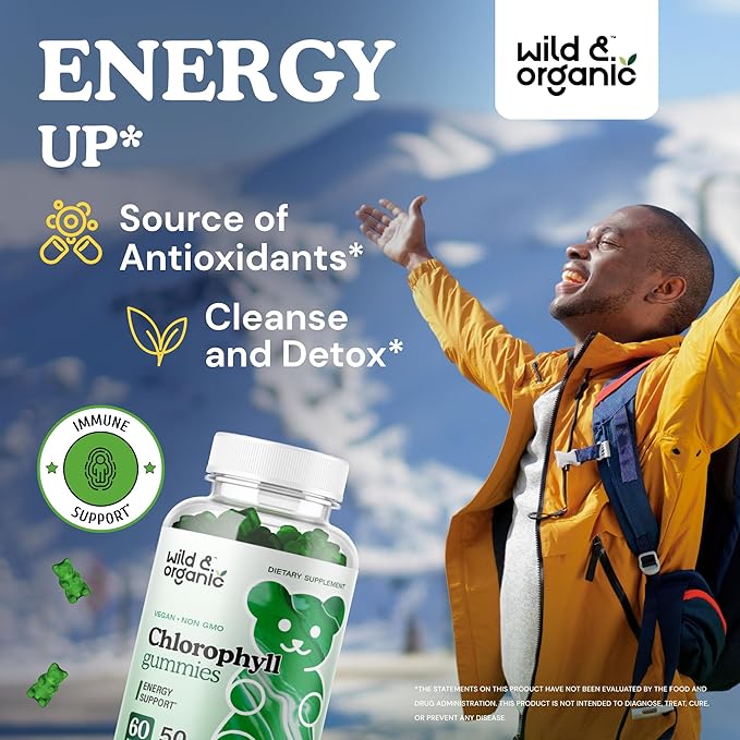 Wild &amp Organic Chlorophyll Gummies 50mg - Detox Cleanse Supplements w/Sodium Copper Chlorophyllin - Internal Deodorant w/Chlorophyll Powder - Vegan Non-GMO - 60 Herbal Chews