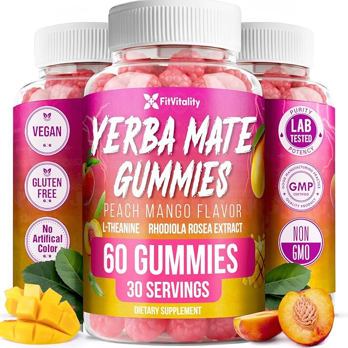 60 Yerba Mate Gummies – SuperFocus &amp Energy Support – Formulated with Yerba Mate Extract L-Theanine Rhodiola Ginseng Choline B12 – Peach Mango Flavor – Vegan Gluten-Free Non-GMO