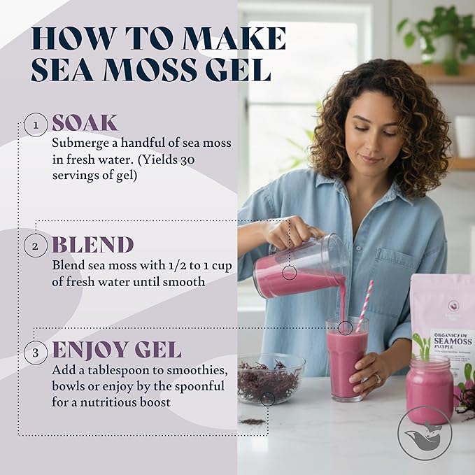 Organic Sea Moss Raw Purple - Makes 75oz of Seamoss Gel Rich in Phytonutrients &amp Minerals Certified Non-GMO Wildcrafted Superfood - 100 gram Bag