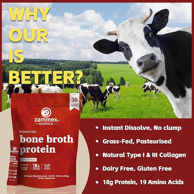Zammex Bone Broth Collagen Packets-18g Collagen Protein-Bone Broth Powder to Go-30 Travel Packets-Supports Skin Nails Joints Gut Health | Gluten-Free |Keto &amp Paleo Friendly-Natural Flavor
