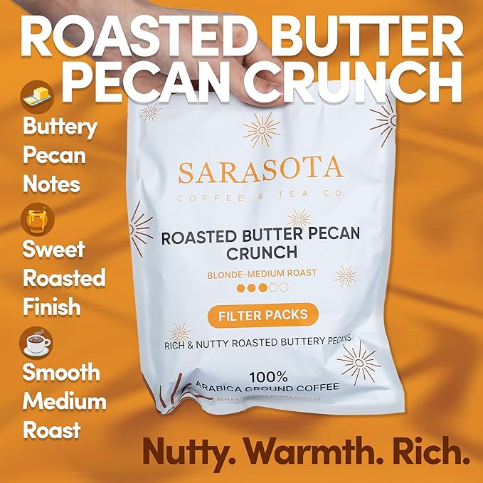 Ground Flavored Coffee In Filter Packs | Medium Roast Low Acid Mold Free Pouches | Butter Pecan Crunch Sampler Packets | Gourmet Powder Bags for 10–12 Cup Drip Maker | Highest Rated Individual Premeas