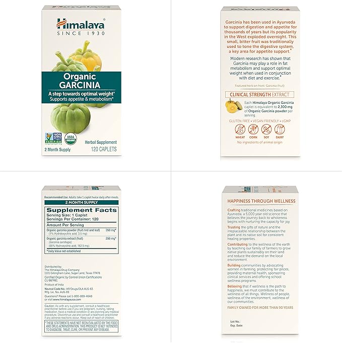 Himalaya Organic Garcinia Cambogia Herbal Supplement Appetite Support Lipid Metabolism Weight Support USDA Organic Non-GMO Vegan 600 mg 120 Plant-Based Caplets
