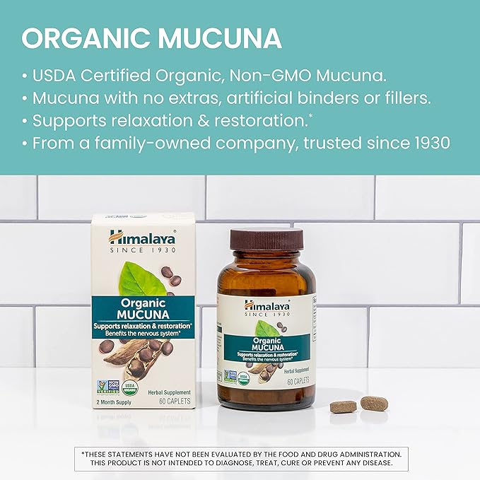 Himalaya Organic Mucuna Pruriens 60 Day Supply - Herbal Supplement for Calming Relaxation from Tension and Promoting Brain Function - Vegan Non-GMO Gluten Free 600 mg 60 Caplets