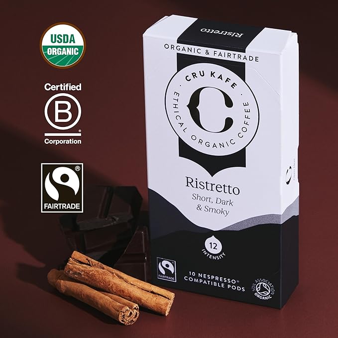 Cru Kafe Ristretto USDA Organic Espresso Coffee Capsules (100 Pods) Fairtrade Coffee Pods Compatible with Nespresso Original Line and Pixie Machines