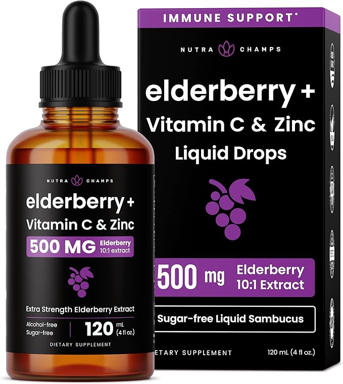 NutraChamps Organic Elderberry Syrup - 5000mg Elderberry Extract with Vitamin C &amp Zinc - Black Elderberry Liquid Drops - Sugar-Free Immunity Booster Vegan Gluten-Free