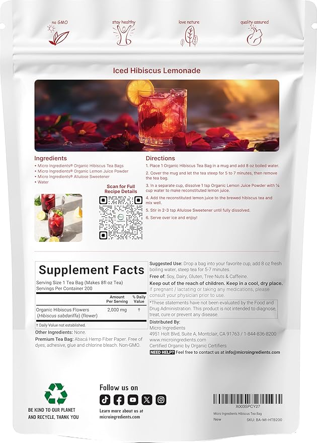 Organic Hibiscus Tea Bags 200 Count | Premium Source from Hibiscus Flowers | Caffeine Free Herbal Tea | Eco-Friendly Hemp Paper Tea Bags | Non-GMO No Sugar