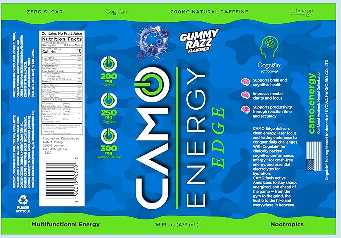 CAMO Energy Edge Gummy Razz Flavor Energy Drink 16oz Cans 12 Pack Ultra Premium Caffeine Blend with Infinergy® DiCaffeine Malate Cognizin® Citicoline for Cognitive Fitness Zero Sugar