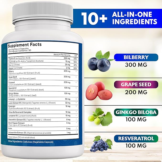 NEW AGE Eye Health Vitamins with Bilberry Lutein &amp Zeaxanthin Lycopene Resveratrol Grape Seed Astaxanthin - Eye Vitamin - 60 Count