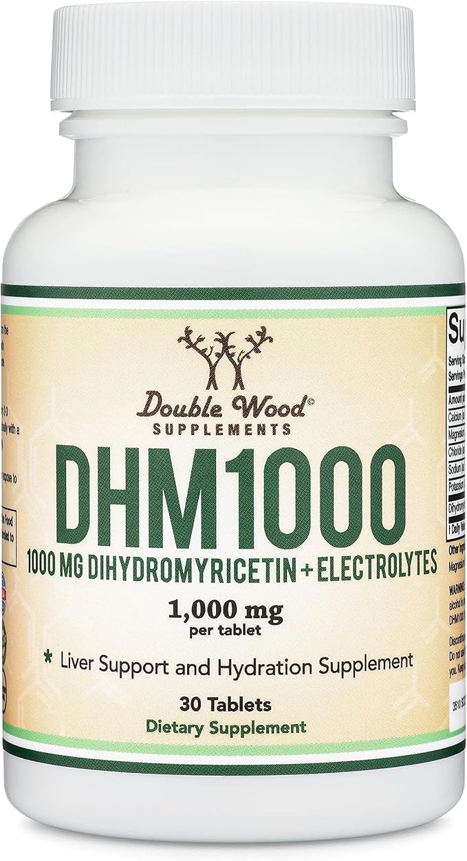DHM1000 Dihydromyricetin (DHM) Tablets - Most Powerful DHM Supplement on The Market - 1000mg (30 Count) Enhanced with Electrolytes for Hydration and Liver Support by Double Wood (Pack of 2)