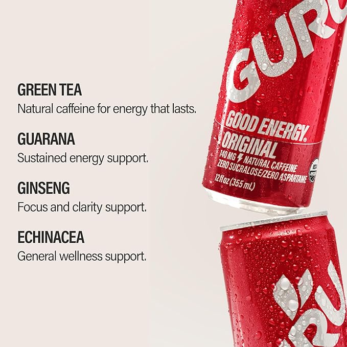 GURU Original Organic Energy Drinks Clean Energy Drink with Plant Based Natural Caffeine from Green Tea Gluten Free and Vegan 140MG Caffeine Healthy Drinks 12oz (Pack of 24)
