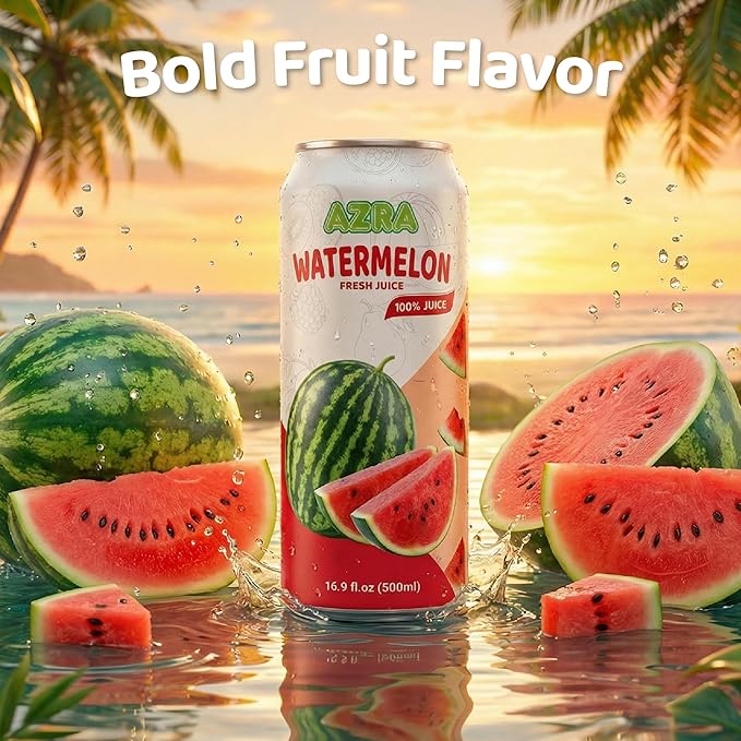 AZRA 100% Watermelon Juice – Fresh Fruit Juice in 500ml Cans (Pack of 12) – Zero Sugar Drinks Healthy Beverages Variety Pack for Kids and Adults – 100% Juice Bulk Drinks