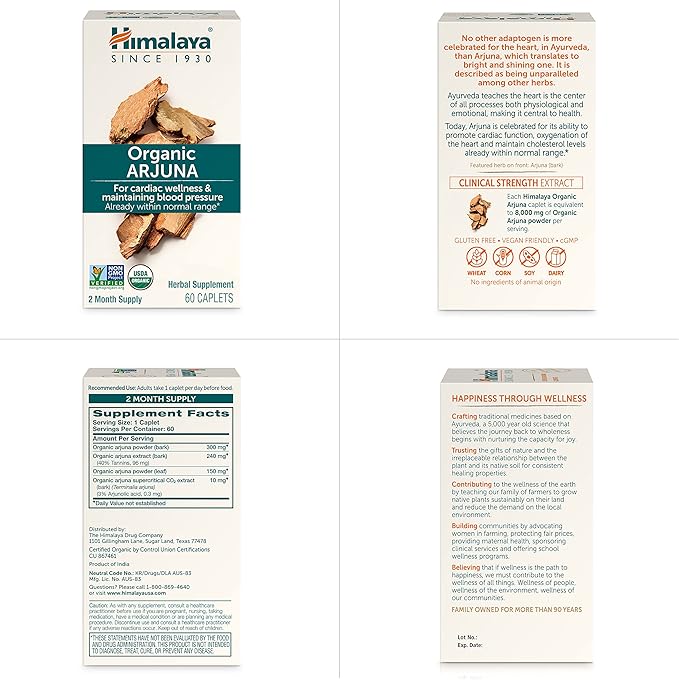 Himalaya Organic Arjuna Blood Pressure Supplement for Cardiovascular Wellness and Heart Health 700mg 60 Count (Pack of 2)