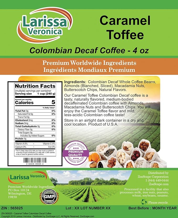 Caramel Toffee Colombian Decaf Coffee (Gourmet Naturally Flavored Whole Coffee Beans) (4 oz ZIN: 565025) - 2 Pack