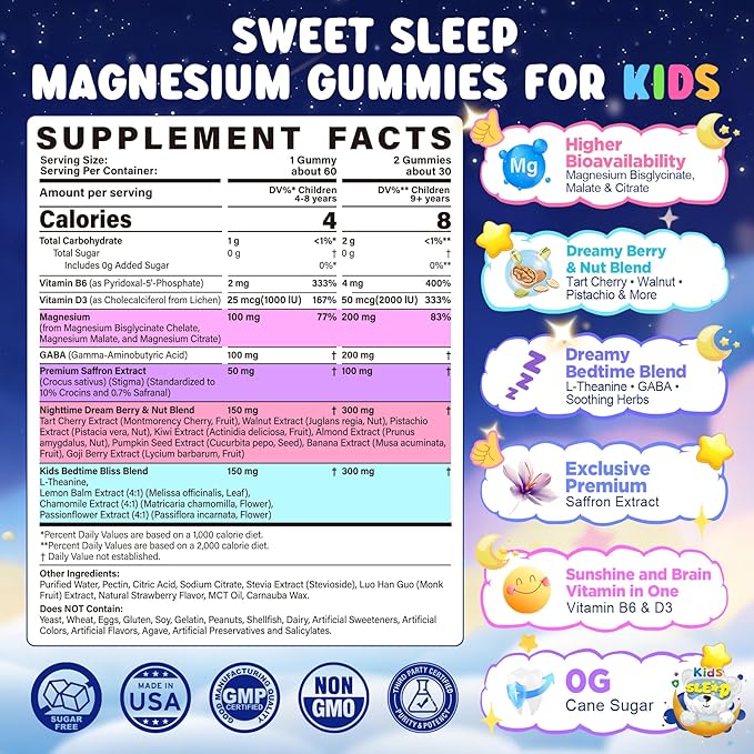 Kids Sleep Gummies NO Melatonin - Triple Magnesium Glycinate + Saffron GABA Berry &amp Nut Superfood Gummies Sugar Free Nighttime Sleep Aid &amp Calm for Kids 4+ Restful Sleep Brain &amp Muscl