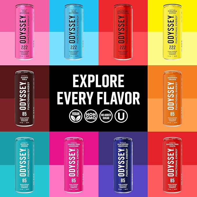 Odyssey Functional Energy Drink for Focus Cognition &amp Mood Support 12 Pack - Adaptogenic Drink with 85mg Green Tea Caffeine Lion’s Mane Cordyceps L-Theanine &amp Ginseng Sparkling Orange