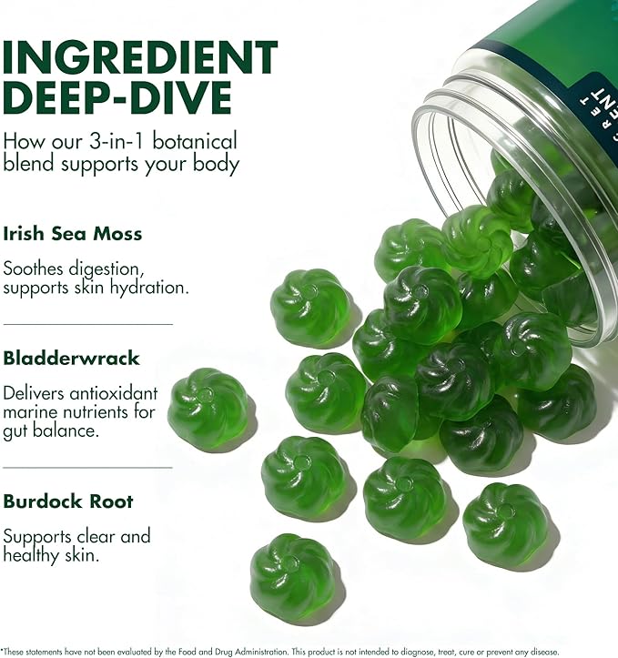 Secret Element Sea Moss Gummies 1300MG for Women and Men Irish Sea Moss with Bladderwrack &amp Burdock Root Vegan Sea Moss Gummies Sugar Free Non-GMO Apple Flavor 60 Gummies